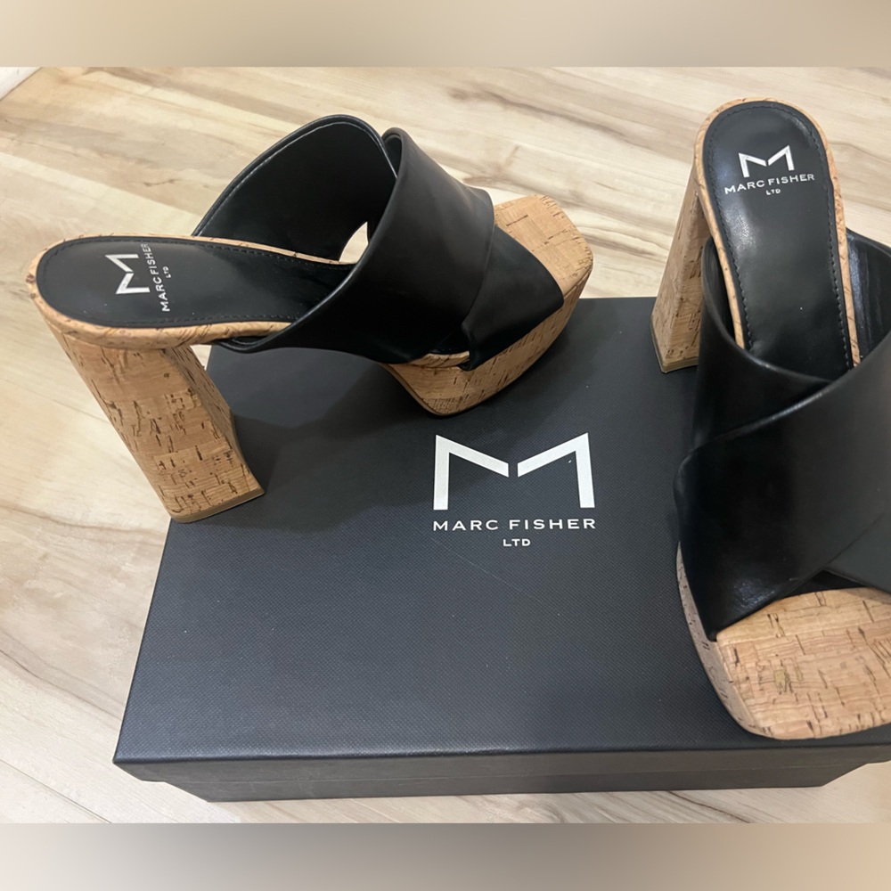 Marc Fisher Black Mules with Cork Heel